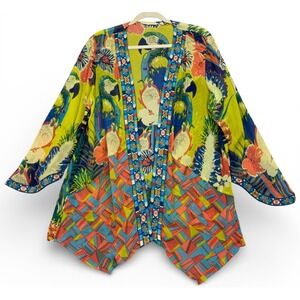 Soft Surroundings Tropical Curacao Parrot Embroidered Kimono Swim Cover Up L